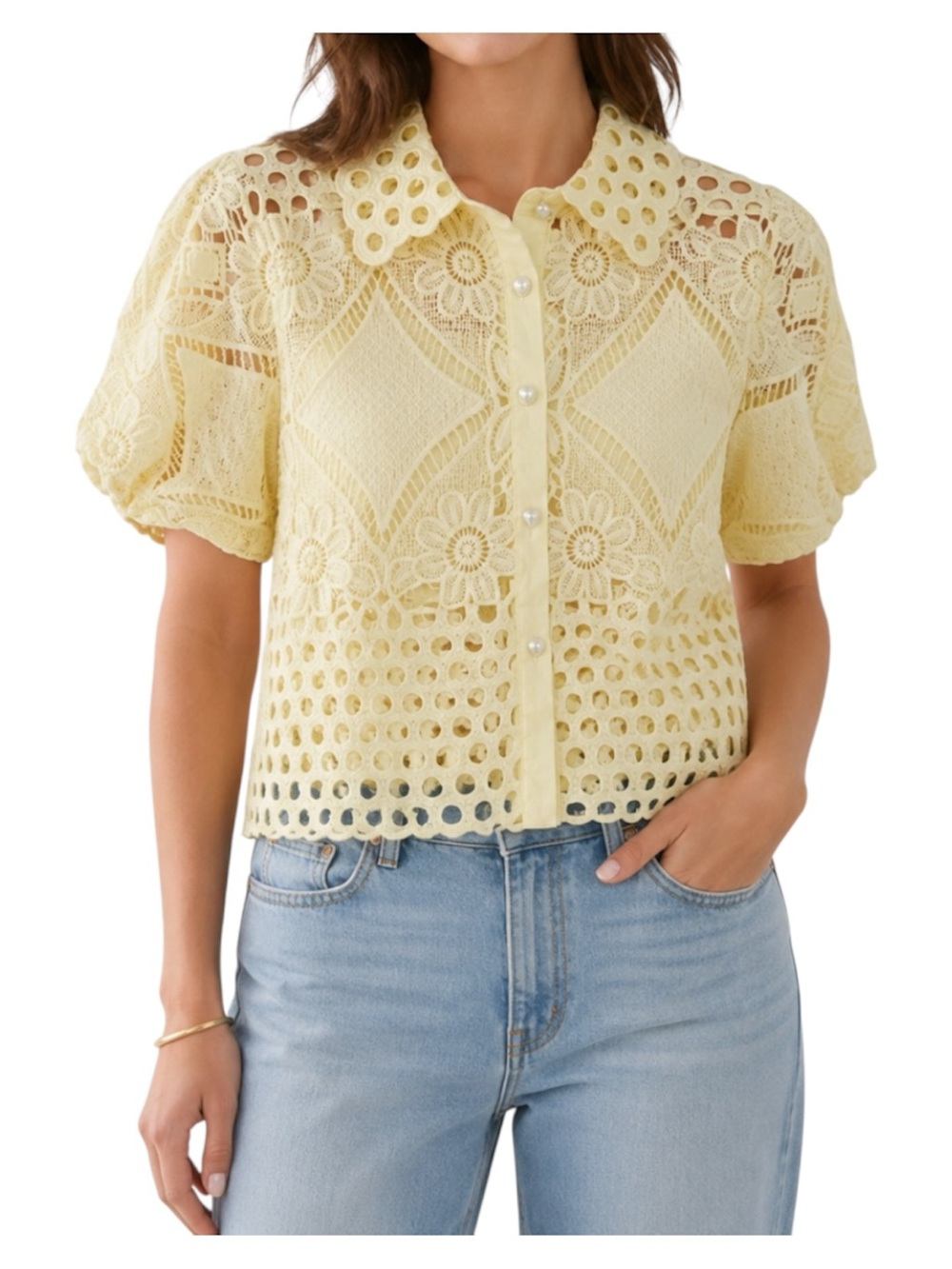 Lizette Collection Yellow Crochet Lace Blouse Heart Buttons Puff Sleeve  Large
